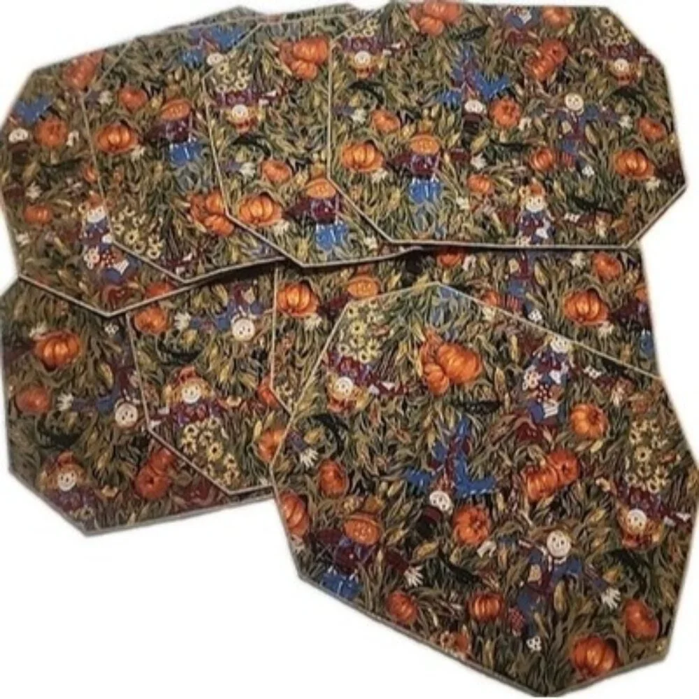 Scarecrow Pumpkin Fabric Placemats Set of 8 Fall Halloween Thanksgiving Decor‎